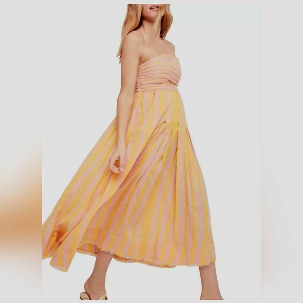 Free People Stripe Me Up Midi Dress,Bow Back Gauzy,Strapless,Size XS